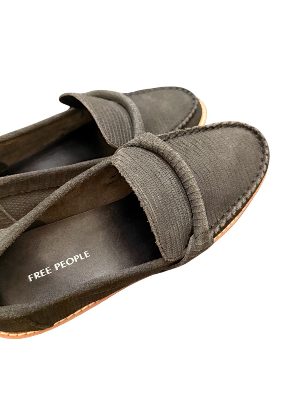 FREE PEOPLE - DARK GREY SUEDE EXTERIOR WITH BROWN WOODEN HEELS “BEDFORD” LOAFERS - Picture 7 of 9